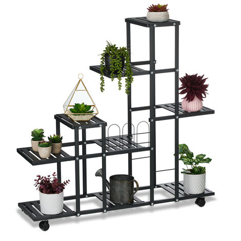 Relaxdays Blumenständer mit Rollen, H x B x T: 91,5 x 93 x 26 cm, Metall, 9 Ablagen, Pflanzenständer für innen, schwarz