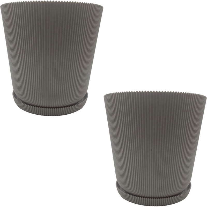 Relaxdays Blumentopf, 2er Set, Pflanztopf Mit Untersetzer, Rillen, H X D, 20 X 20 Cm, Kräutertopf, Kunststoff, Hellgrau