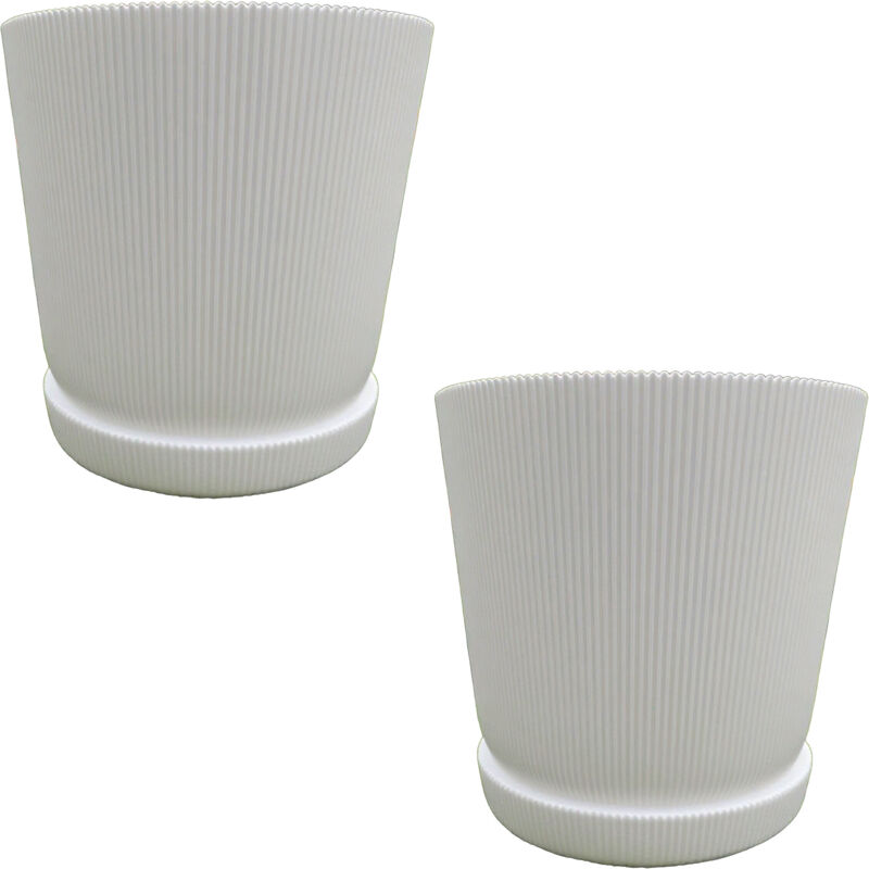 Relaxdays Blumentopf, 2er Set, Pflanztopf Mit Untersetzer, Rillen, H X D, 20 X 20 Cm, Kräutertopf, Kunststoff, Weiß