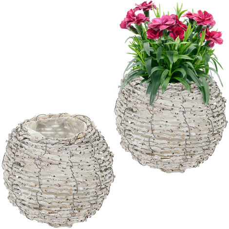 Relaxdays Blumentopf, 2er Set, Rattan, Pflanzentöpfe mit Folie, HxD: 17 x 20 cm, runde Pflanzkörbe für innen, weiß/natur