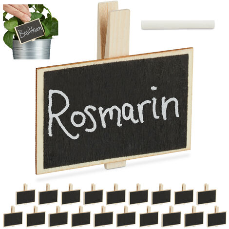 Relaxdays Board Clips, 20x Set, Labelling, Re-usable, incl. Chalk, Wooden Signs, HxWxD: 7 x 7.5 x 1.5 cm, Natural/Black