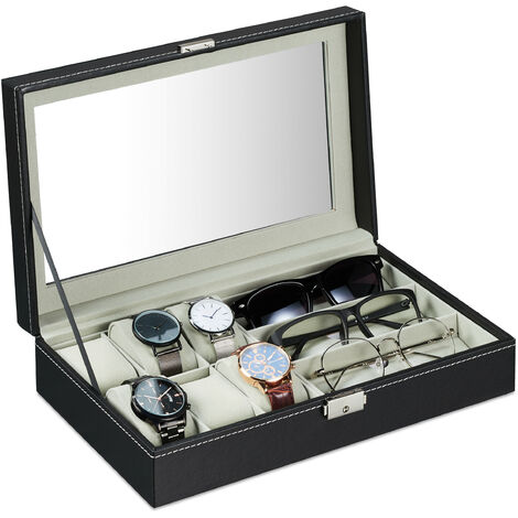 Relaxdays Boîte à bijoux, écrin pour 3 paires de lunettes, 6 montres, HxLxP : 8x33x20 cm, aspect cuir, noir