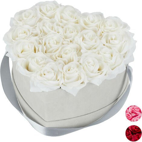 Relaxdays Boîte à roses, 18 roses, Bac à roses gris, forme en cœur, conservable 10 ans, blanc