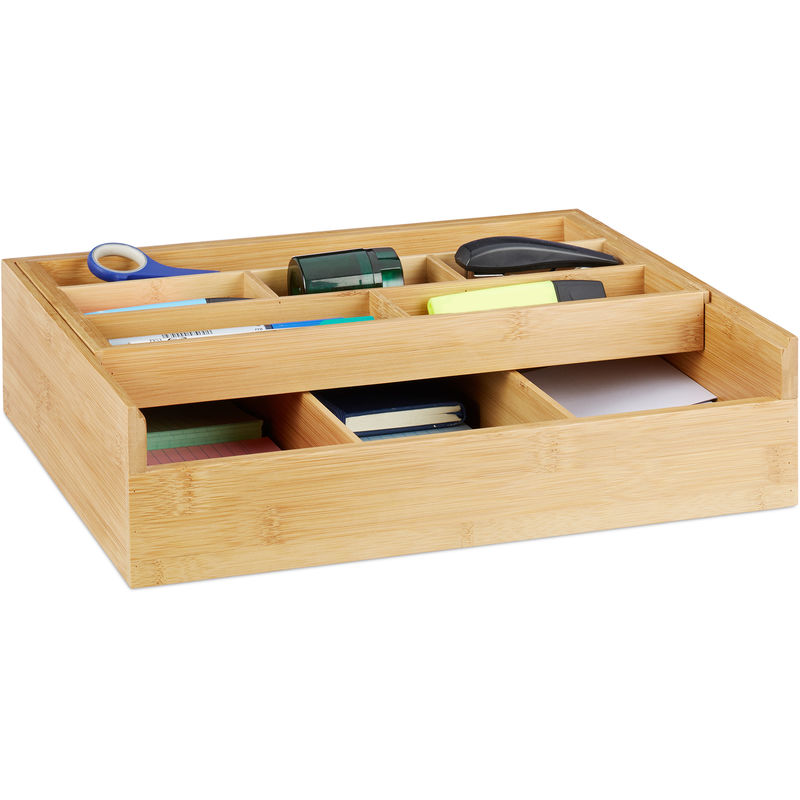 Boîte de rangement bambou, 9 compartiments, organiseur pour tiroir, ouvert, bureau, 9,5 x 37 x 31,5 cm, nature - Relaxdays