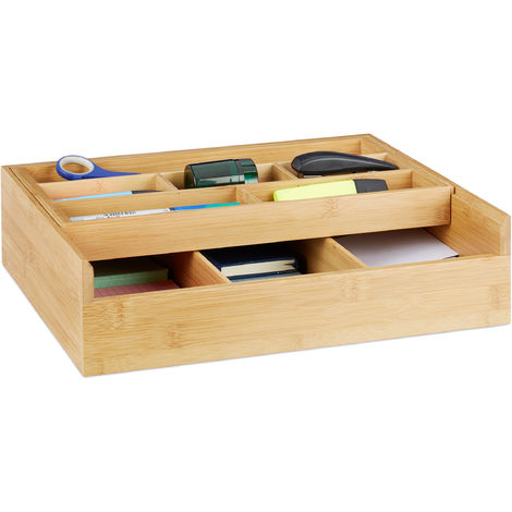   Boîte de rangement bambou, 9 compartiments, organiseur pour tiroir, ouvert, bureau, 9,5 x 37 x 31,5 cm, nature