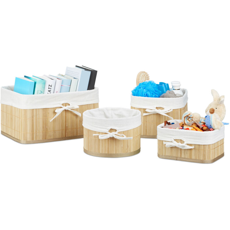 Boîte de rangement, bambou, lot de 8, corbeilles d'armoire, étagère et placard, 4 tailles différentes, nature - Relaxdays
