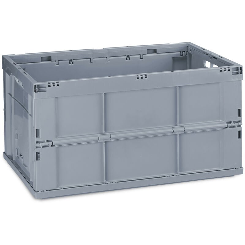 Boîte pliable avec couvercle, caisse de rangement, plastique, coffre transport, 60 litres, 60x40x32 cm, gris - Relaxdays