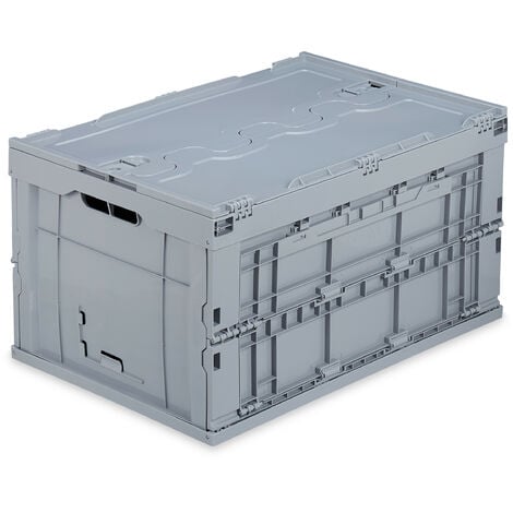 Relaxdays Boîte pliable avec couvercle, caisse, rangement, plastique, coffre 60 litres, HxLxP :31,5x59,5x39,5 cm, gris