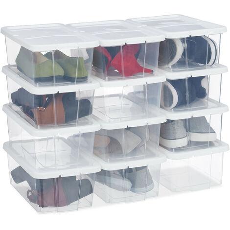   Boîtes à chaussures en plastique, lot de 12, empilable, transparents couvercles, 12,5 x 20 x 34,5 cm, blanc