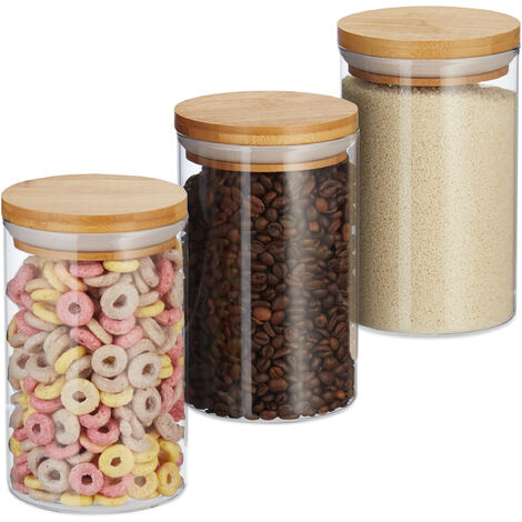   Boîtes de stockage en Verre, jeu de 3, pâtes, riz, céréales, grains de café, volume 800 ml,HxD 16x9,5 cm,
