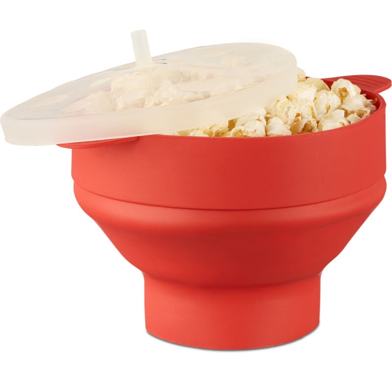 Relaxdays - Bol à pop-corn en lot de 2 micro-ondes four bol en silicone couvercle poignées sans huile pliable, rouge