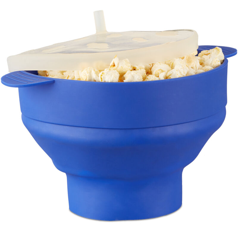 Relaxdays - Bol à pop-corn en lot de 2 micro-ondes four bol en silicone couvercle poignées sans huile pliable, bleu