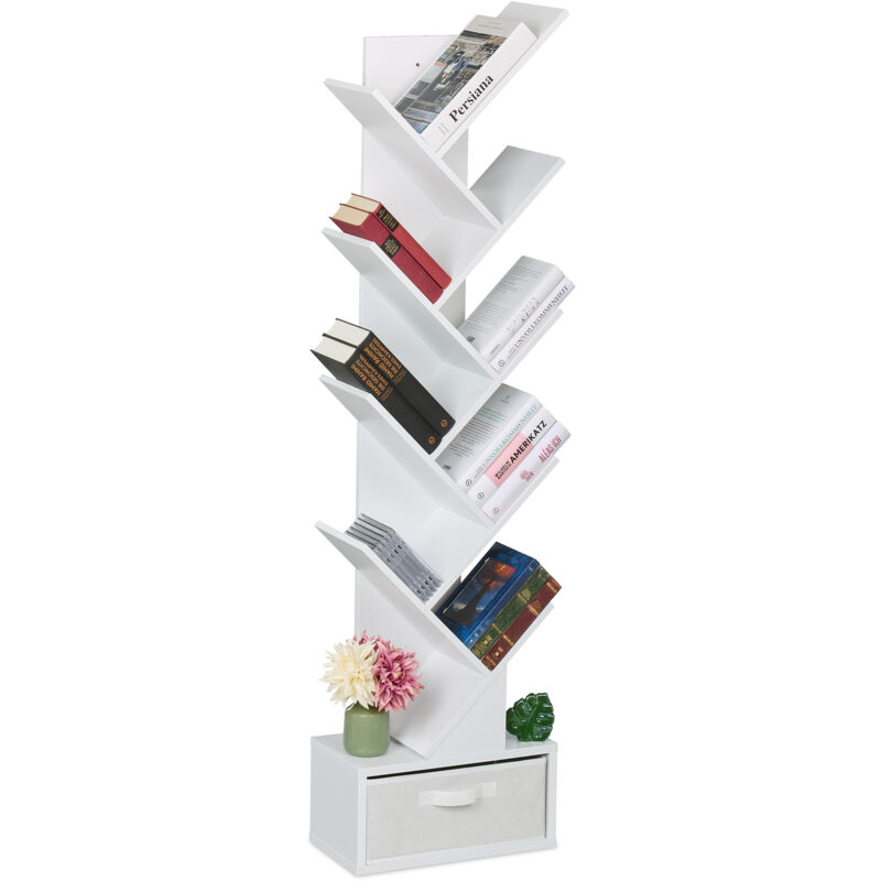 Relaxdays - Tree Bookshelf, 9-tier Bookcase, Hwd, 146 X 38 X 22 Cm, Storage For Books & Cds, Free-standing, Drawer, White