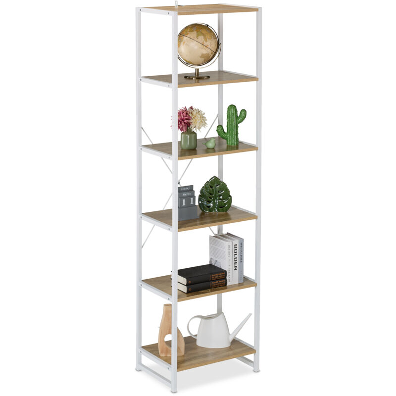 Relaxdays Bookcase With 6 Tiers, Industrial Look, Hxwxd, 180 X 50 X 35 Cm, Mdf & Metal, Office File Rack, White/natural