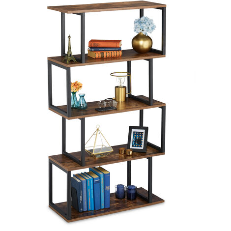 Relaxdays Bookcase, Industrial Design, 5 Open Levels, MDF & Metal, HxWxD: 136 x 73 x 30 cm, Upright Shelf, Brown/Black