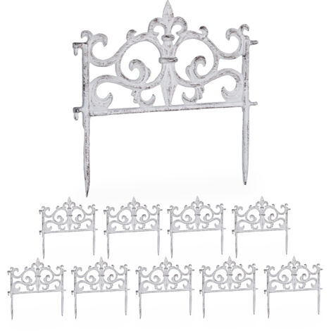 Relaxdays Bordo per Aiuole, Set 10 Recinzioni in Ghisa per Prato in Giardino, HxL: 27x27 cm, Bordure Vintage, Bianco