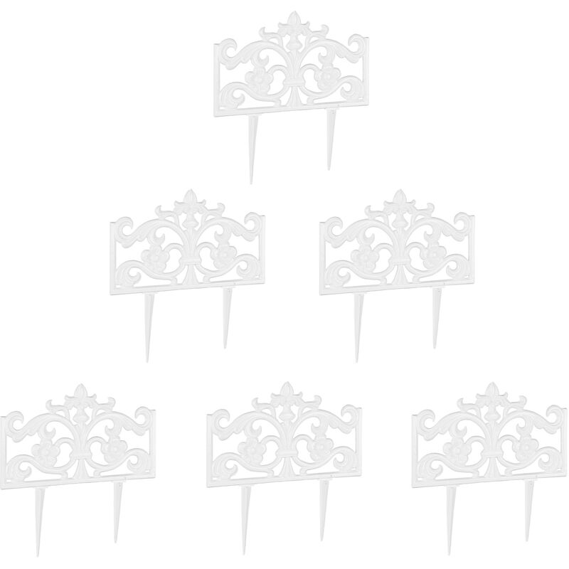 Relaxdays - Bordure de jardin, lot de 6 éléments, fonte de fer, clôture en métal, piquet, antiquités, HxlxP: 37 x 36 x 2 cm, blanc