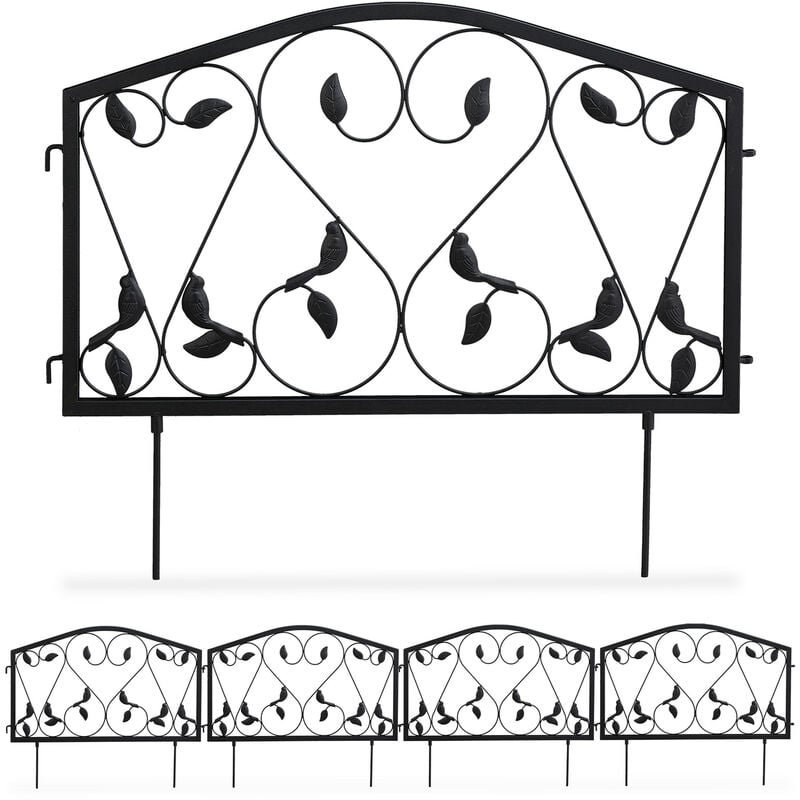 Bordure potager, clôture jardin 4 éléments, fer, antique, design feuilles, h x l : 33 x 225 cm, noir - Relaxdays