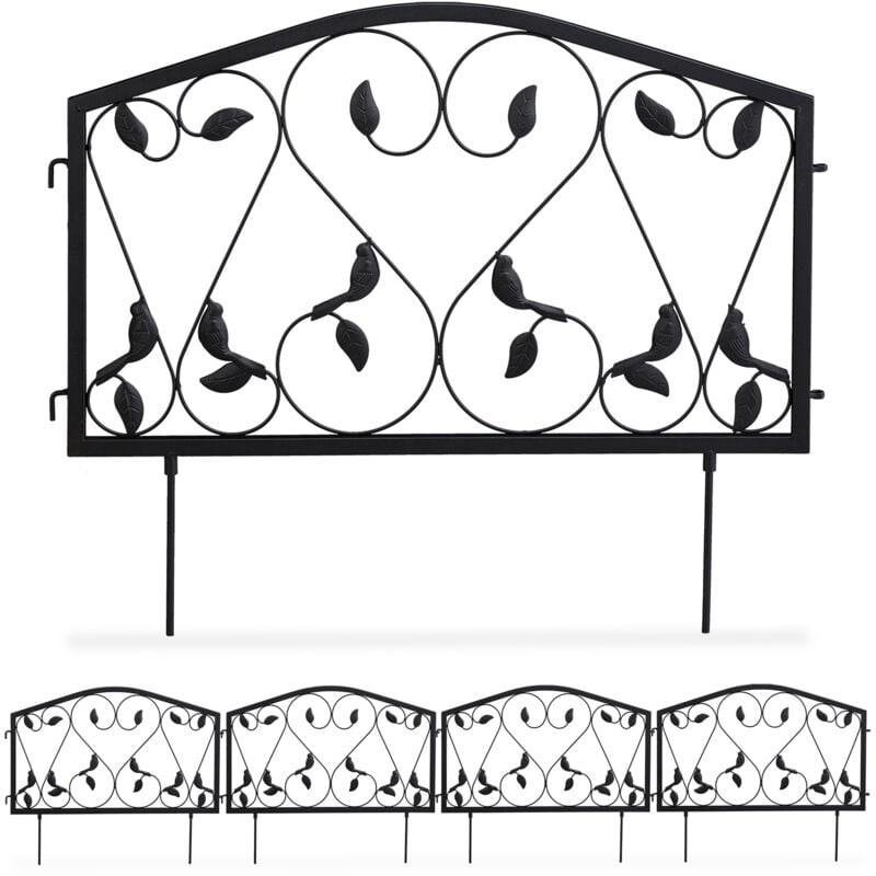 Relaxdays - Bordure potager, 16 éléments, clôture jardin, fer, antique, design feuilles, h x l : 33 x 225 cm, noir