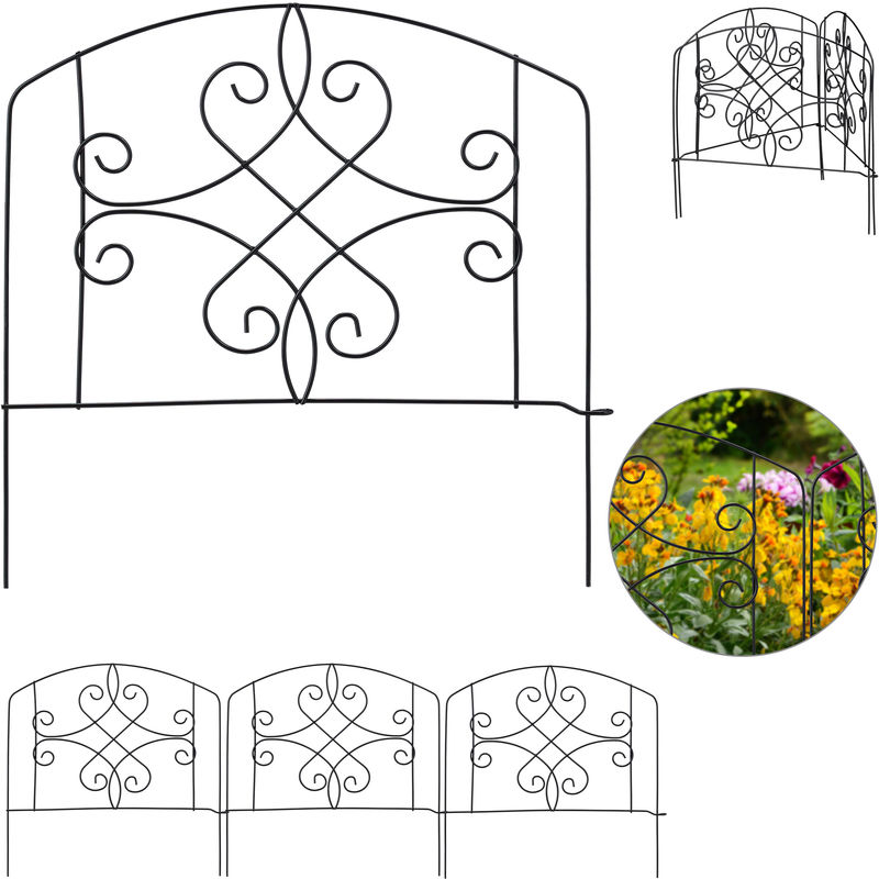 Bordure potager, clôture jardin 4 éléments, métal, ornements antiques, h x l : 32 x 186 cm, noir - Relaxdays