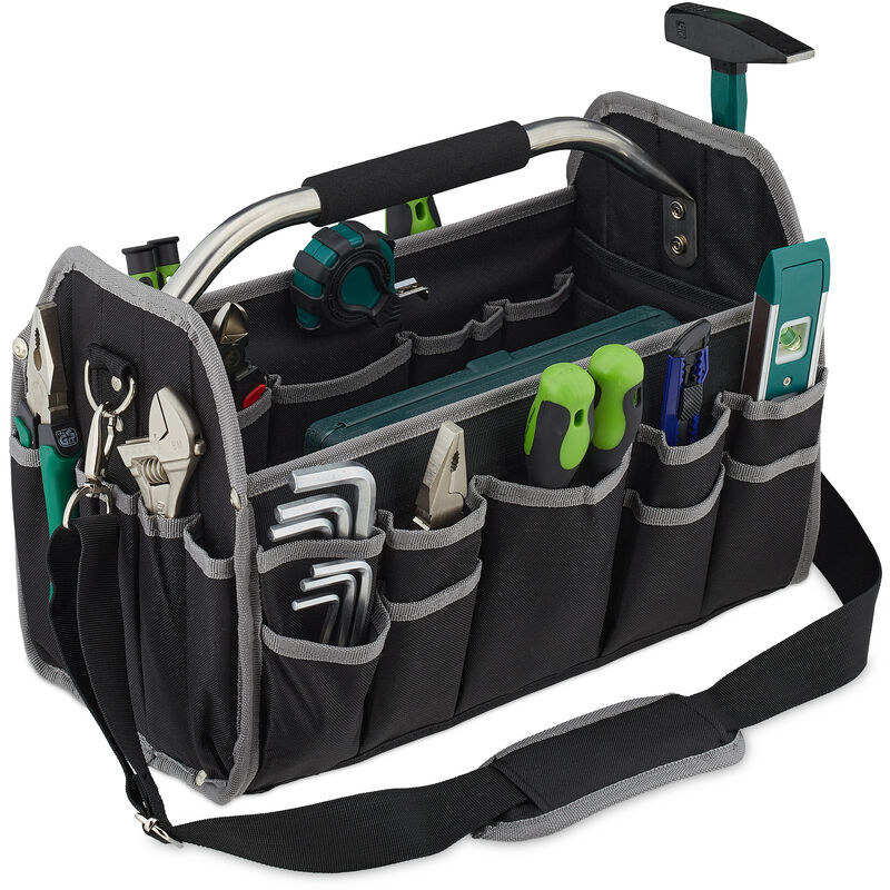 Relaxdays Tool Bag, Empty, Carrying Handle and Shoulder Strap, Open Equipment Carrier Box, HxWxD: 30 x 42 x 23 cm, Black