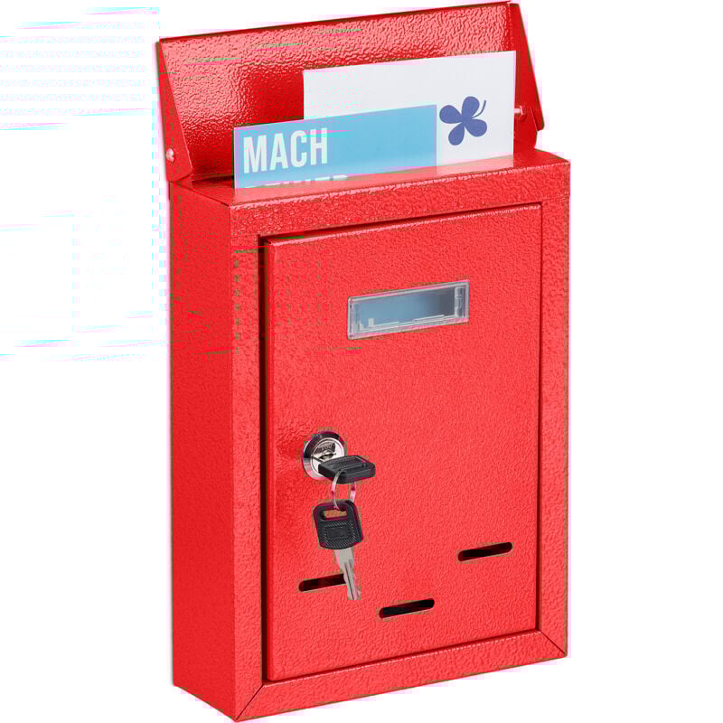 Boîte aux lettres avec plaque nominale, métal, 2 clés, cartes postales, HxLxP: 26,5 x 19 x 6,5 cm, rouge - Relaxdays