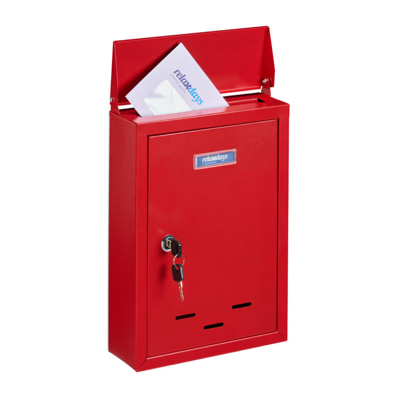 Relaxdays - Boîte aux lettres avec plaque nominale, métal, 2 clés, cartes postales, HxLxP : 35,5 x 24 x 9 cm, rouge