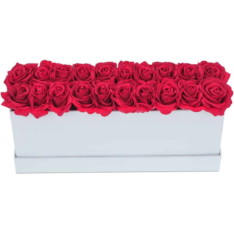 Boîte blanche rectangulaire, 20 roses, longue, romantique, cadeau Saint-Valentin, bac fleurs, fait main, rouge - Relaxdays