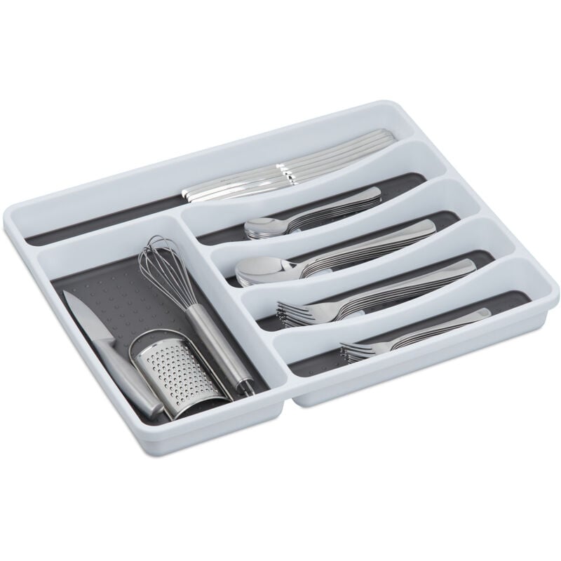 Relaxdays - Boîte à couverts pour tiroir, lot de 2, range-couvert, rangement de cuisine, ustensiles, 4,5x33x40 cm, blanc/gris