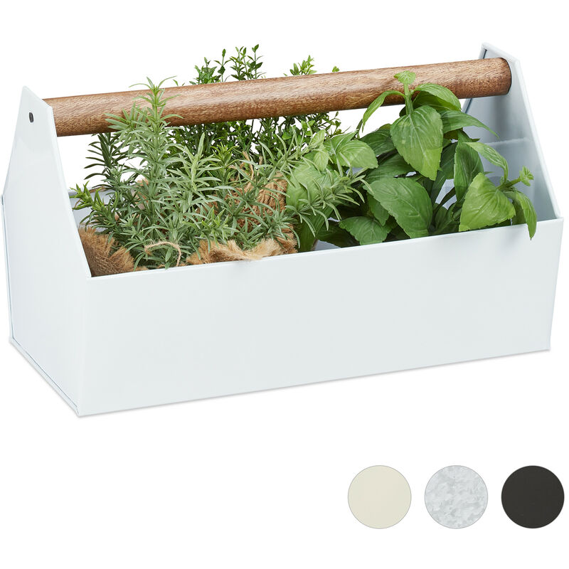 Jardinière, manche en bois, fleurs, plantes et herbes, design boîte à outils, fer, hlp 20x36x20 cm, blanc - Relaxdays