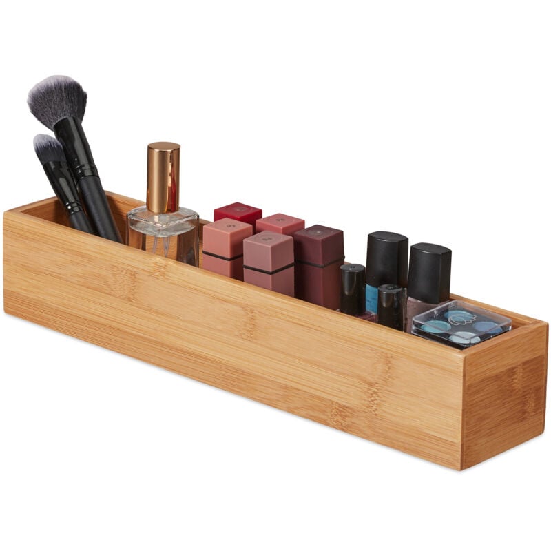 Boîte en bambou, lot de 2, rangement salle de bain, cuisine & bureau, oblong & étroit, caisse, 7 x 38 x 8 cm, nature