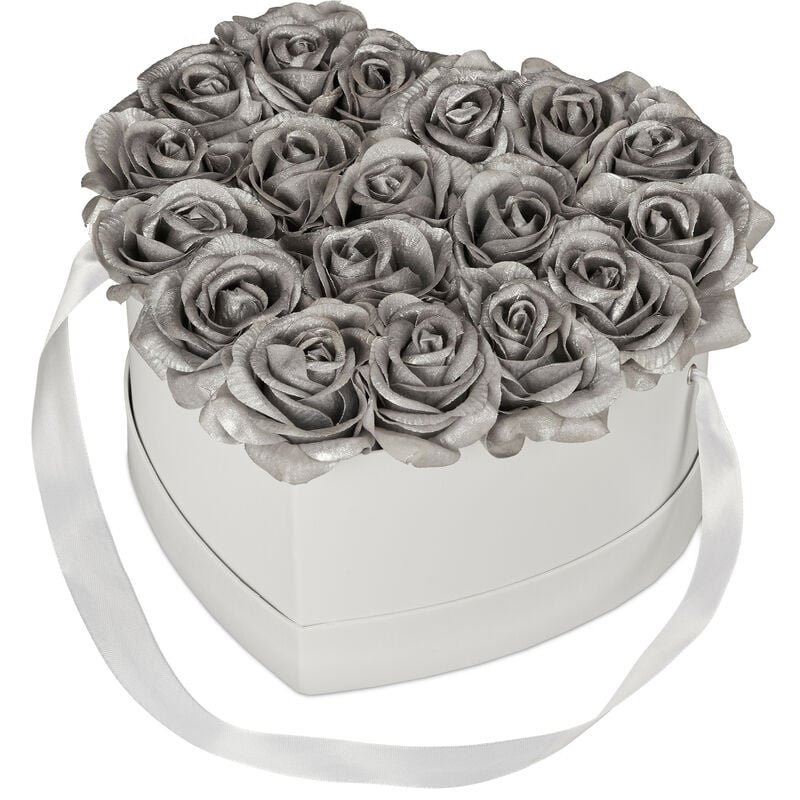 Boîte en forme de cœur, 18 roses, romantique, cadeau fête des mères, Saint-Valentin, fait main, blanc-argenté - Relaxdays