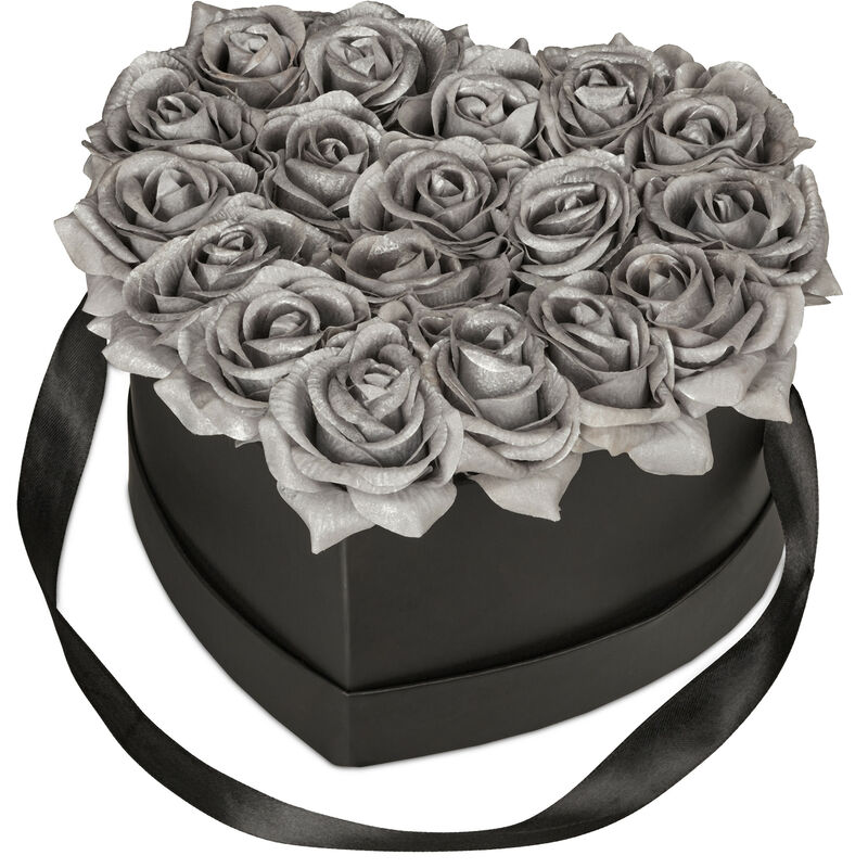 Boîte en forme de cœur, 18 roses, romantique, cadeau fête des mères, Saint-Valentin, fait main, noir-argenté - Relaxdays