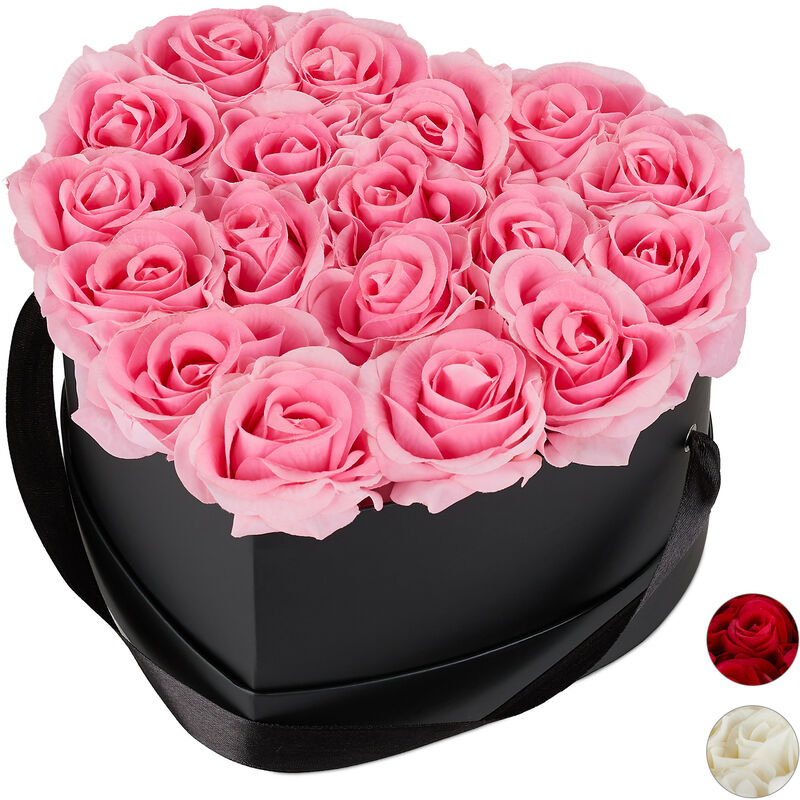 Boîte à roses, 18 roses, Bac à roses noir, forme en cœur, conservable 10 ans, rose - Relaxdays