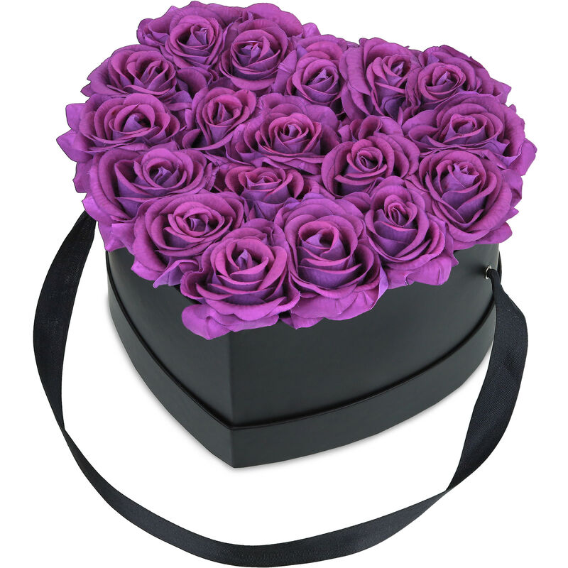 Relaxdays Boîte à roses, 18 roses, Bac à roses noir, forme en cœur, conservable 10 ans, violette