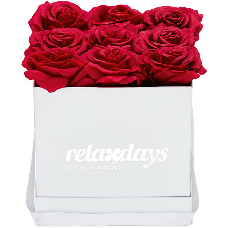 Boîte à roses carré, 9 pièces, Bac floral blanc, fleurs durables, Idée cadeau, réaliste, rouge - Relaxdays