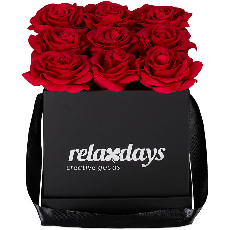 Boîte à roses carré, 9 pièces, Bac floral noir, fleurs durables, Idée cadeau, réaliste, rouge - Relaxdays