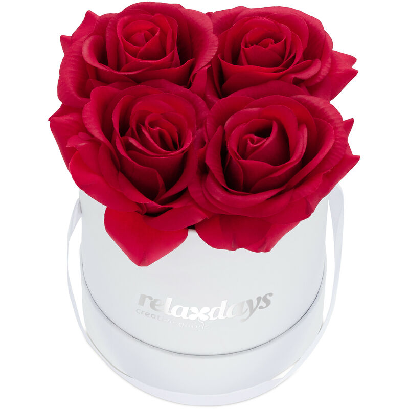 Boîte à roses ronde, 4 roses, Bac à roses blanc, conservable 10 ans, Idée cadeau, rouge - Relaxdays