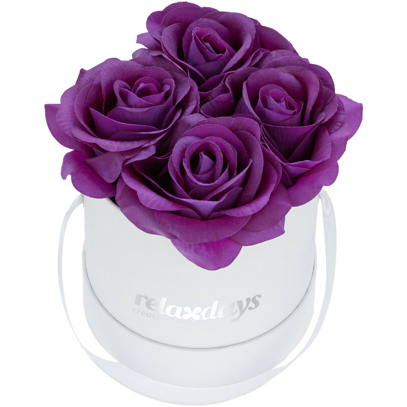 Boîte à roses ronde, 4 roses, Bac à roses blanc, conservable 10 ans, Idée cadeau, violet - Relaxdays