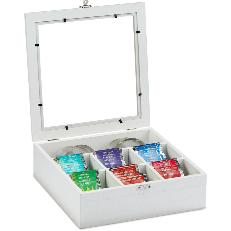 Relaxdays Boîte à thé, effet bois, 7 compartiments rangement sachet tisane, coffret fenêtre, HxLxP : 8x25x25,5 cm, blanc