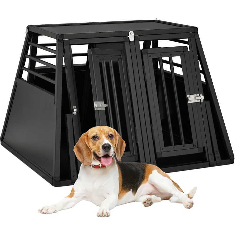 Relaxdays - Boîte transport chiens, pour voiture, oblique, cage en aluminium canidés, HxLxP : 64x90x82 cm, noire/grise
