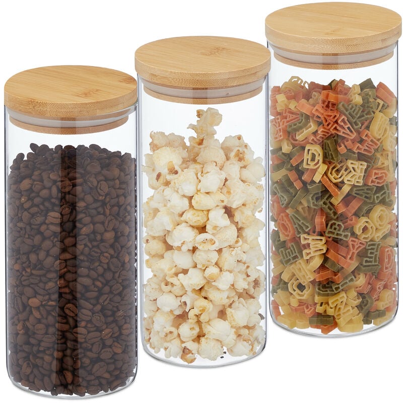Lot de 3 bocaux en verre, couvercle bambou, bocal conservation rond, 1300 ml, hermétique, transparent/nature - Relaxdays