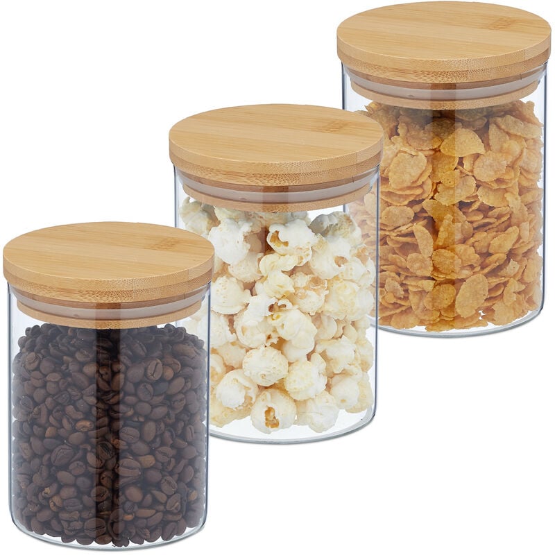 Lot de 3 bocaux en verre, couvercle bambou, bocal conservation rond, 650 ml, hermétique, transparent/naturel - Relaxdays
