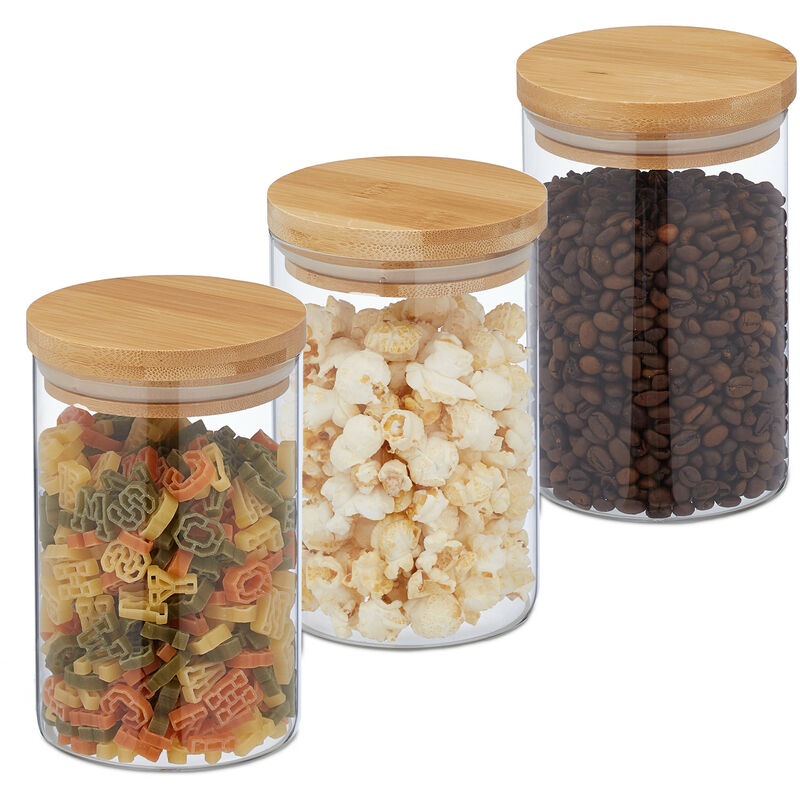 Lot de 3 bocaux en verre, couvercle bambou, bocal conservation rond, 800 ml, hermétique, transparent/naturel - Relaxdays