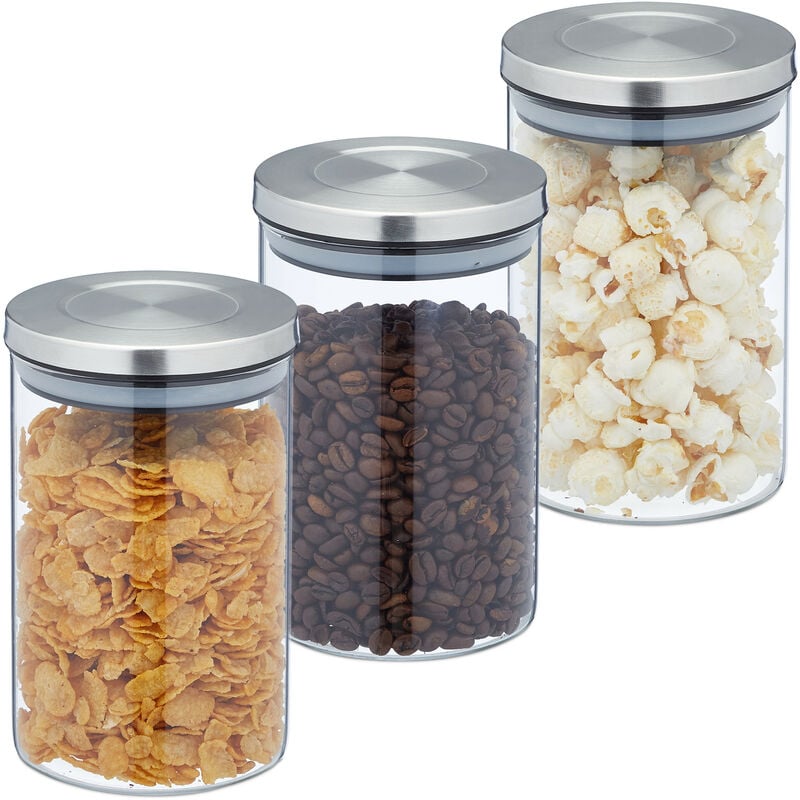 Lot de 3 bocaux en verre, 800 ml, hermétique, couvercle acier inoxydable, bocal à épicerie, transparent/argent - Relaxdays