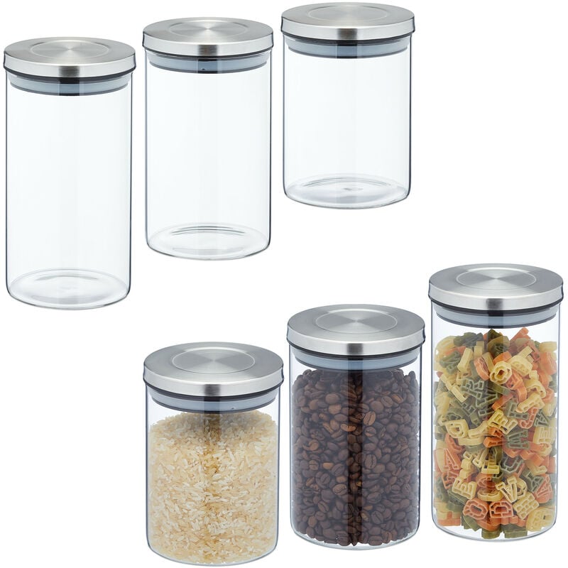 Lot de 6 bocaux en verre avec couvercle inox, bocal conservation, 3 tailles, hermétique, transparent/argenté - Relaxdays