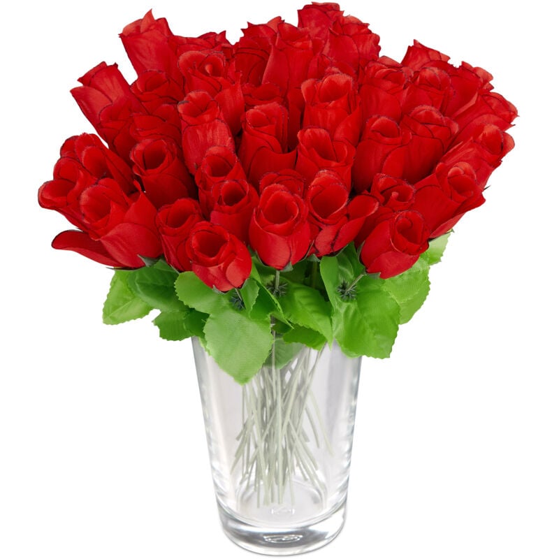 Roses artificielles, lot de 96, fleurs artificielles, avec tige et feuilles, cadeau, mariage, hauteur 26 cm, rouge