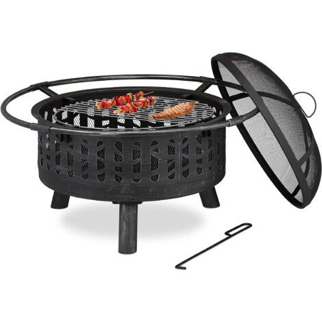 Relaxdays Braciere da Esterno, Parascintille, Griglia BBQ e Attizzatoio, da Giardino, Terrazzo, Ø 75 cm, Nero Argentato, Acciaio