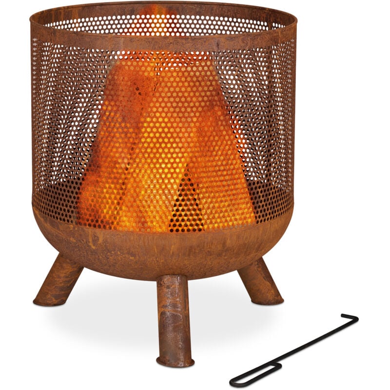 Relaxdays - Brasero, design maille, aspect rouille, grille de foyer, tisonnier, hd : 53 x 44 cm, vasque feu, acier, marron