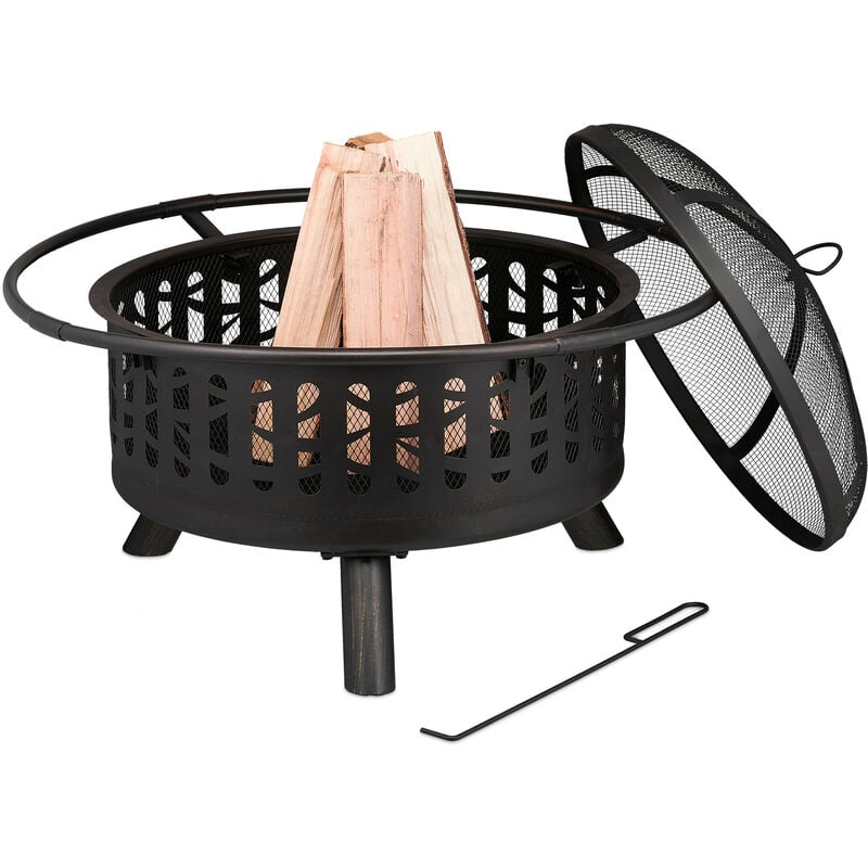 Relaxdays - Braséro, vasque avec pare-étincelles et tisonnier, h x d : 53 x 77 cm, barbecue en acier, noir/bronze